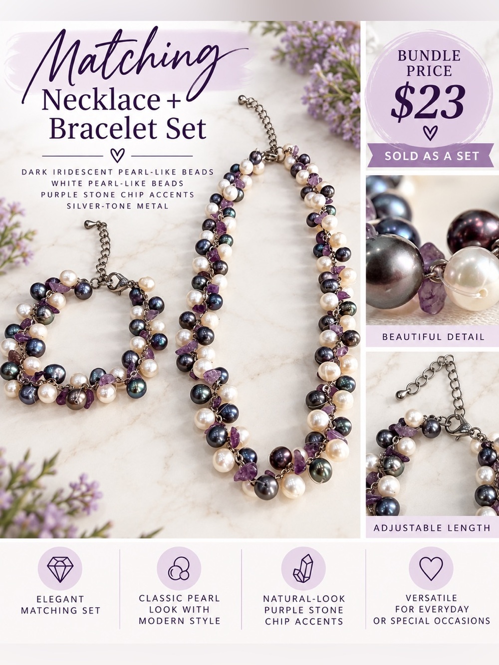 Vintage Pearl & Amethyst Chip Necklace Bracelet Set Purple Multicolor Cluster